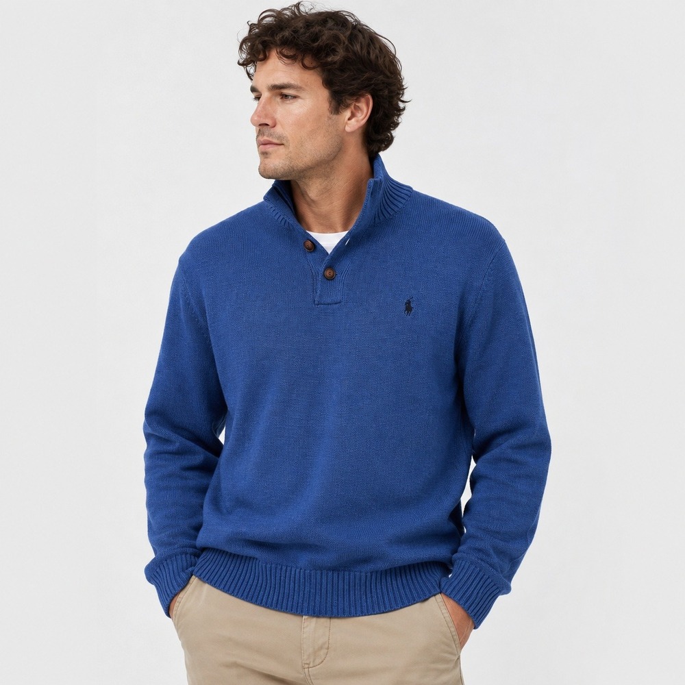 Polo Ralph Lauren Mock Neck Sweater XL Blue Preppy Classic Coastal Ivy Americana